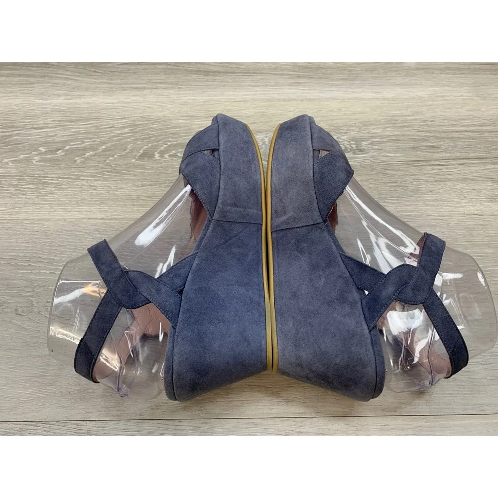 Stuart Weitzman Navy Blue Suede Platform Wedge Sandals Peep Toe Size 6 Spain